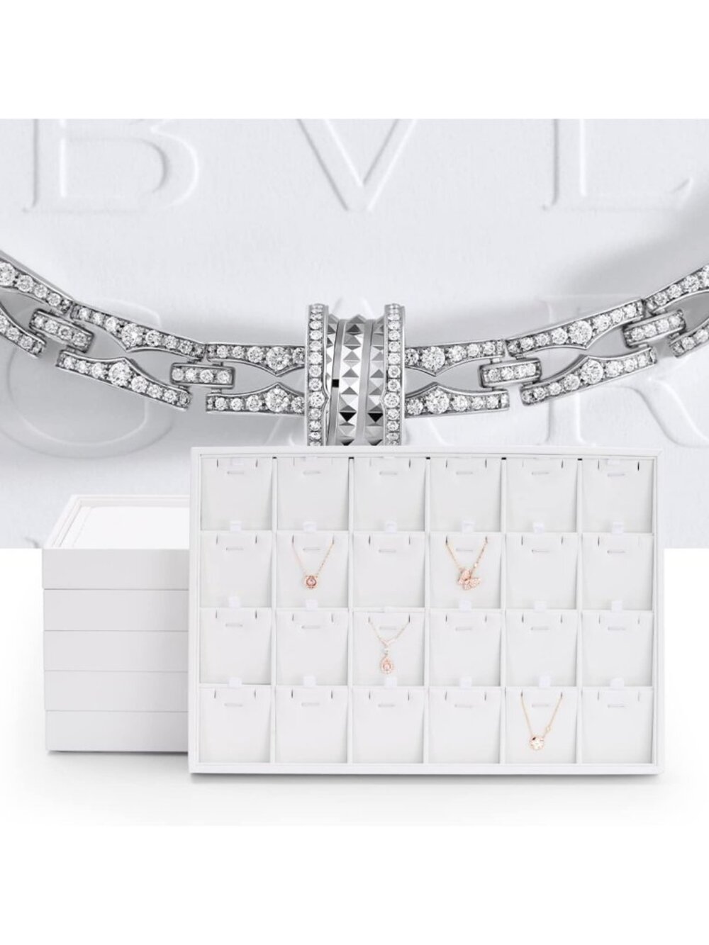 Elegant White Leather Jewelry Organizer Tray - 24 Grid Stackable Display with - Picture 2 of 9